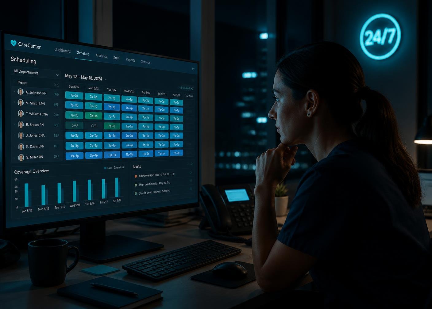 Care team monitoring a 24/7 scheduling dashboard
